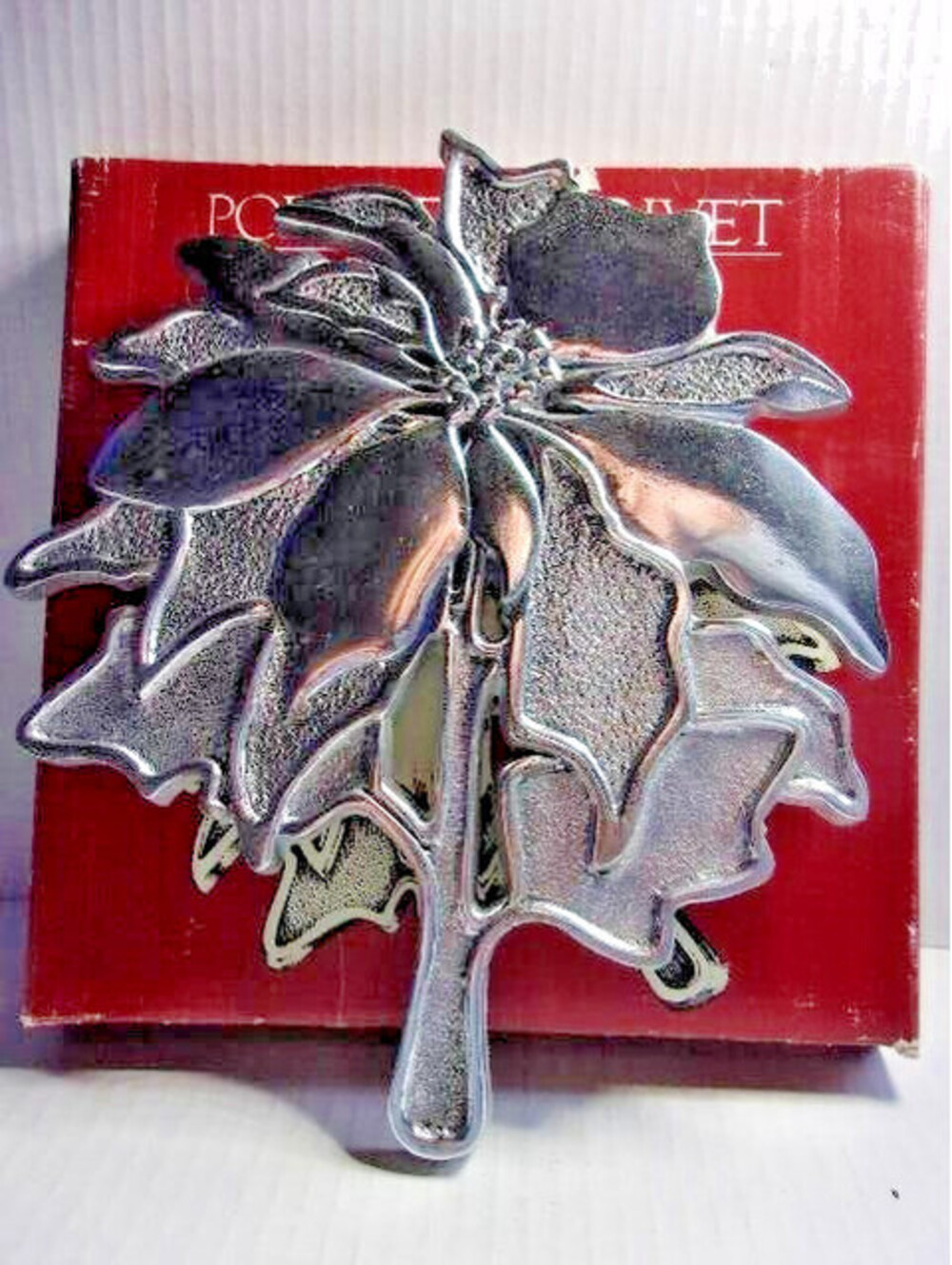 Vintage Poinsettia Holiday Trivet Hot Pad 1980's Silver Metal Teleflora in Box